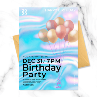 生日派对金色海报模板_金色气球元素全息渐变生日派对邀请函