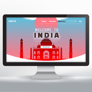 红夕阳海报模板_欢迎来到印度旅游宣传主页渐变红蓝色