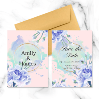婚礼邀请函设计海报模板_紫色花朵金色线条双面婚礼邀请函设计