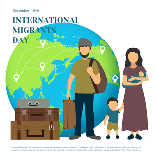 线面结合海报模板_创意插画一家人出行和地球结合场景国际移徙者日节日社交模板