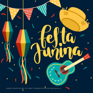 戴草帽得人海报模板_festas juninas巴西六月节黄色草帽吉他社交媒体sns模板