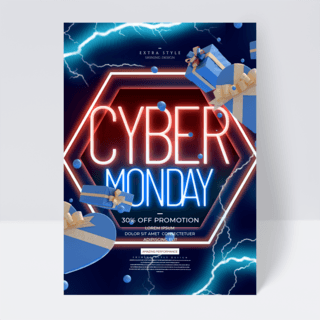 科幻质感海报模板_霓虹光效边框cyber monday促销传单