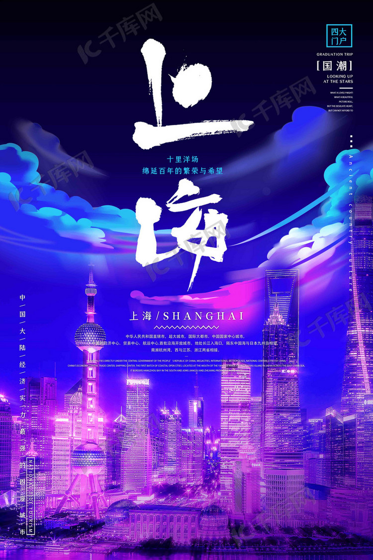 城市地标上海夜景蓝紫渐变赛博朋克风海报套图海报模板下载-千库网