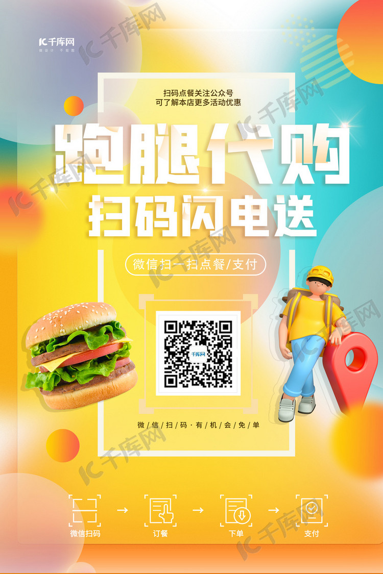 跑腿代购扫码闪电送黄色创意海报