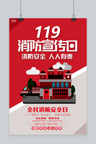 119消防海报海报模板_红色大气119消防宣传日海报