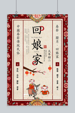创意春节习俗初二大年初二中国风海报