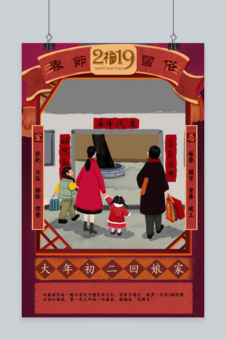 喜庆照片模板海报模板_创意春节习俗大年初二年俗中国风海报