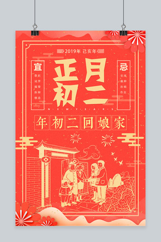 新年海报大年初二海报模板_中国风剪纸正月初二回娘家海报
