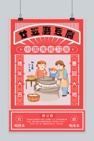 大年三十习俗海报模板_春节习俗腊月二十五磨豆腐海报