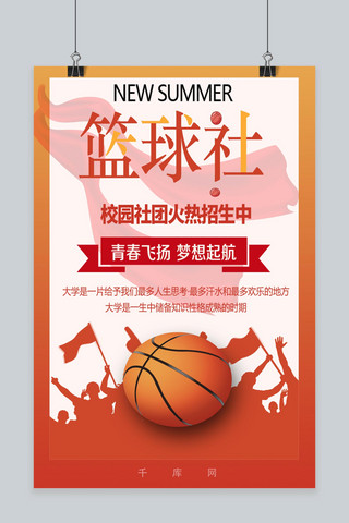 篮球社招新红色海报
