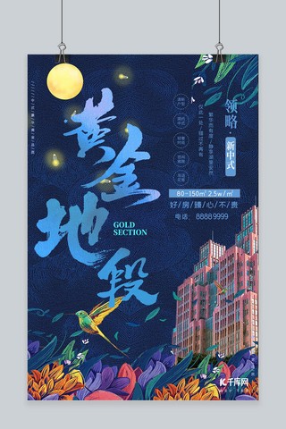 房地产蓝色萤火虫夜景黄金地段海报