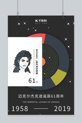 黑胶片唱片海报模板_迈克尔杰克逊诞辰61周年黑色唱片文字云剪影海报