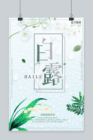 白露节气清新绿植水珠海报