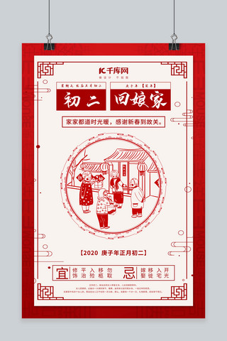 拜年红色中国风海报模板_大年初二回娘家红色中国风海报
