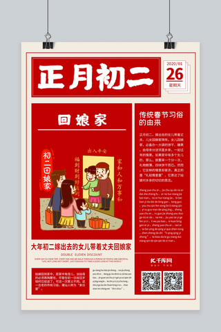 创意中国新年习俗海报模板_新年习俗春节习俗正月初二红色创意报纸海报