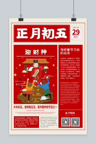 新年习俗正月初五红色创意报纸海报