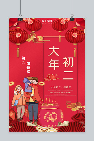 大年初二回娘家红色中国风剪纸海报