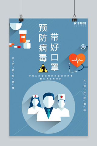 病毒海报模板_预防病毒口罩蓝色扁平海报