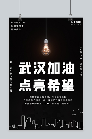 防疫武汉加油海报模板_武汉加油点亮希望灯泡剪影黑色大气海报