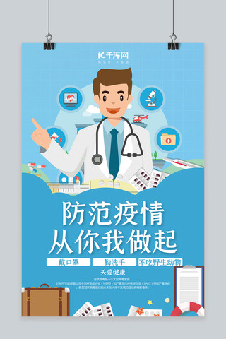 肺炎防护海报模板_新型冠状病毒医生蓝色扁平海报