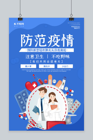 抗击新型冠状病毒肺炎海报模板_新型冠状病毒医生蓝色扁平海报