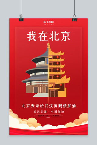 北京地标海报模板_武汉加油北京天坛红色扁平海报