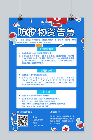 医院提示海报模板_新型冠状病毒物资告急蓝色卡通海报