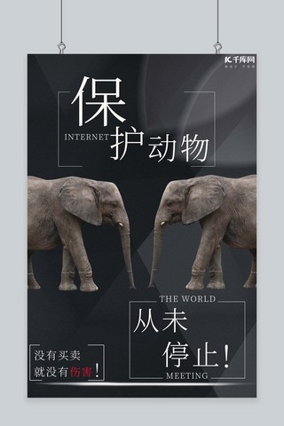 伤害海报模板_保护动物大象黑色创意海报