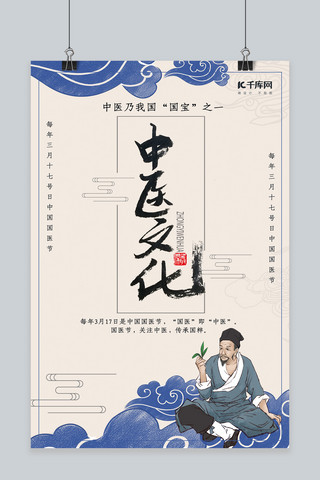 国医传承海报模板_中医文化中国国医节中医蓝色古风海报