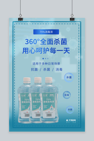 360度全面杀菌75酒精消毒液蓝色简约风海报