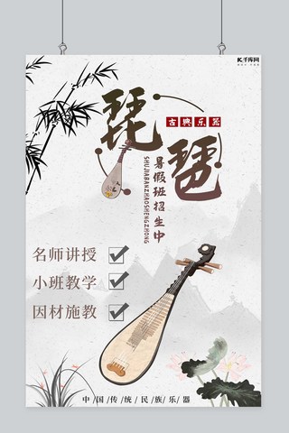 乐器培训琵琶白色中国风海报