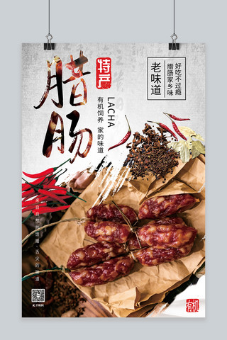 特产海报海报模板_食品促销四川腊肠浅色系简约海报