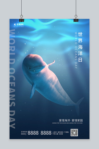 世界海洋日白鲸蓝色调简约风格海报