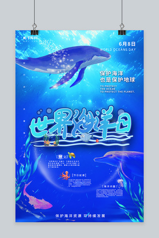 世界海洋日海洋蓝色简约海报