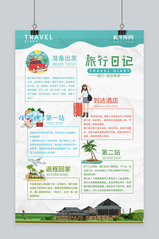 手账海报模板_手账旅游日记蓝色图文版式海报