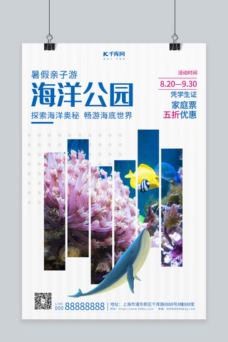 珊瑚世界海报模板_海洋公园海底世界蓝色调简约风格海报