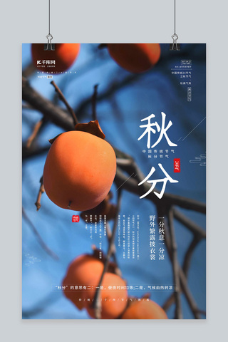 秋季柿子海报模板_秋分节气柿子蓝色简约海报