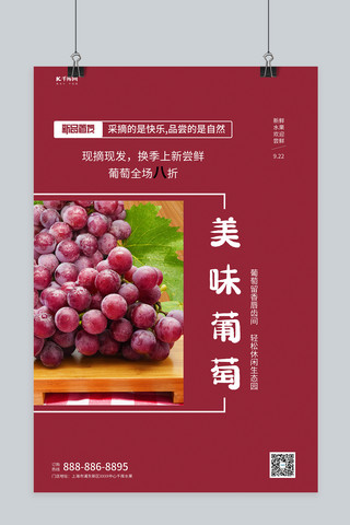 葡萄水果促销红色简约海报