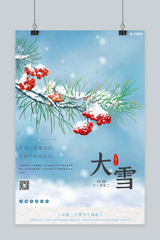 二十四节气大雪蓝色小清新海报