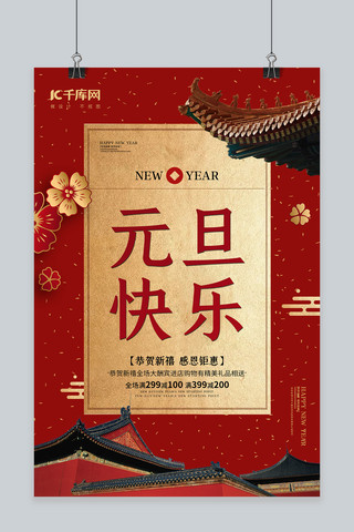 新年快乐中国风海报模板_元旦快乐故宫屋檐红金中国风海报