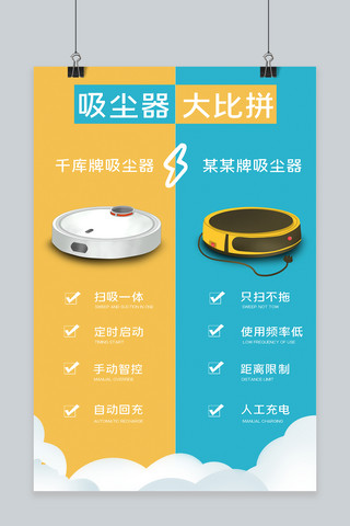 产品合格证海报模板_产品对比吸尘器对比黄色青色简约卡通海报