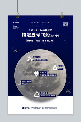 蓝色航天航空海报模板_嫦娥五号发送成功蓝色简约海报