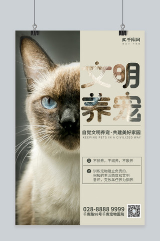 宠物猫海报模板_文明养宠物猫灰色简约海报