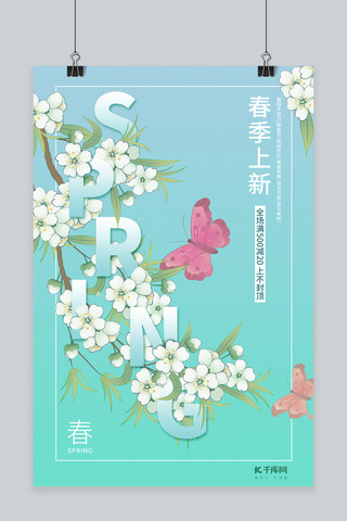 春季花鸟海报模板_春季上新春季花鸟蓝色清新海报