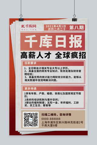 英文旧报纸旧文海报模板_高新招聘报纸红色创意海报