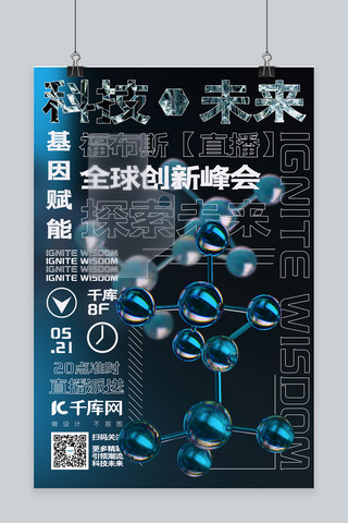 水分子氧分子海报模板_直播预告分子蓝色酸性金属风海报
