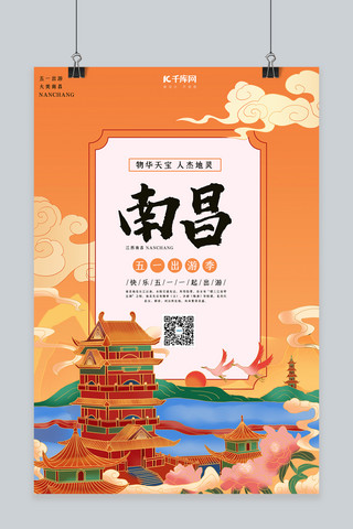 城市风光海报模板_城市旅游江西南昌橙色国潮风海报
