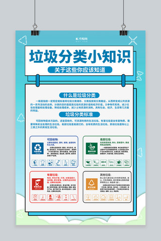绿色环保环境卡通海报模板_垃圾分类小知识蓝色简约海报