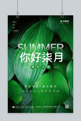 七月夏海报模板_七月你好夏天绿色植物绿色摄影图海报