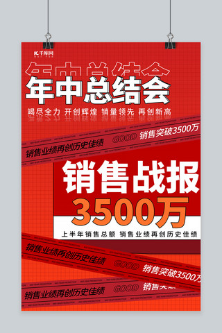 年中总结会销售战报红色创意海报